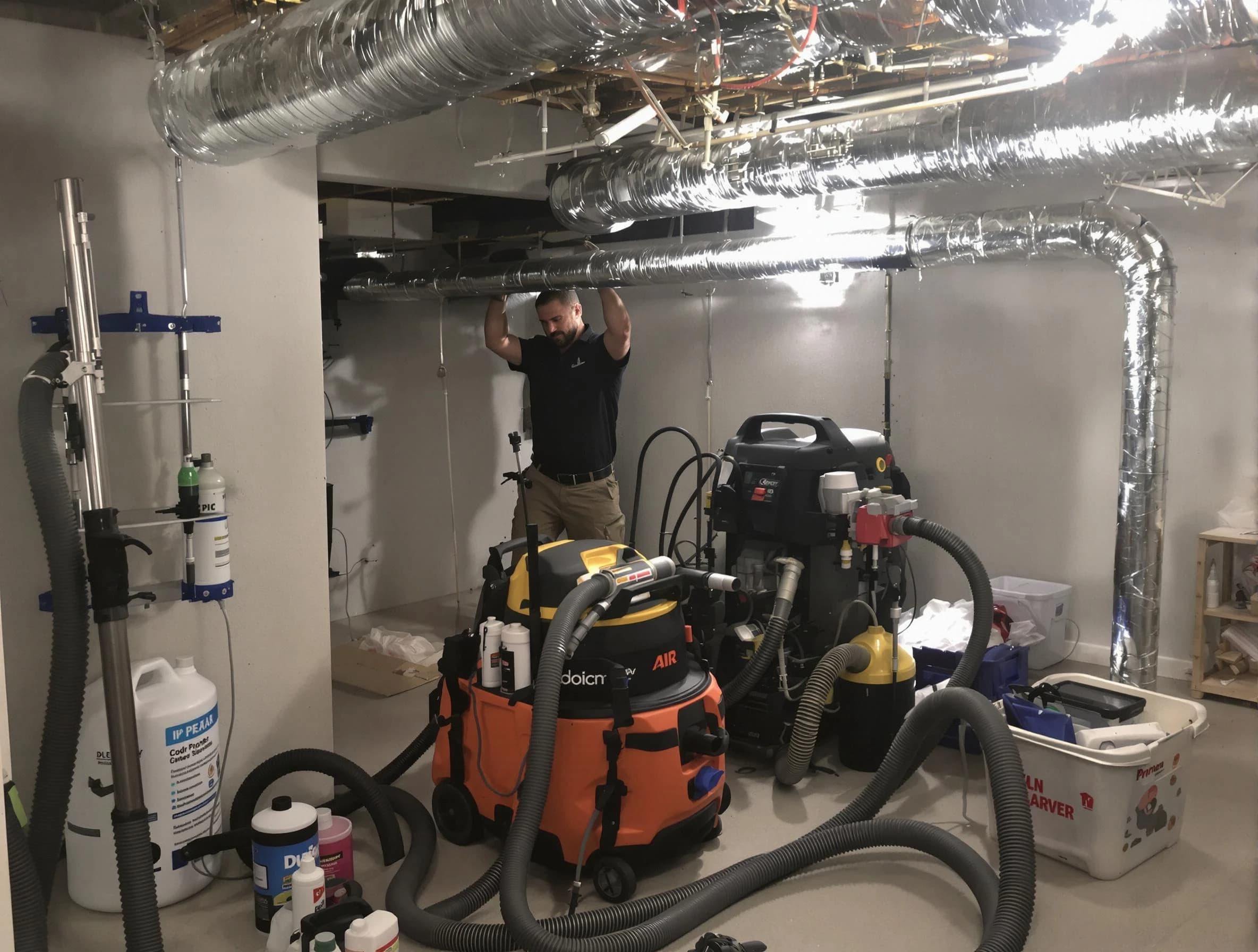 Dunwoody Air Duct Cleaning specialist performing professional mold removal from air ducts using safety equipment in Dunwoody