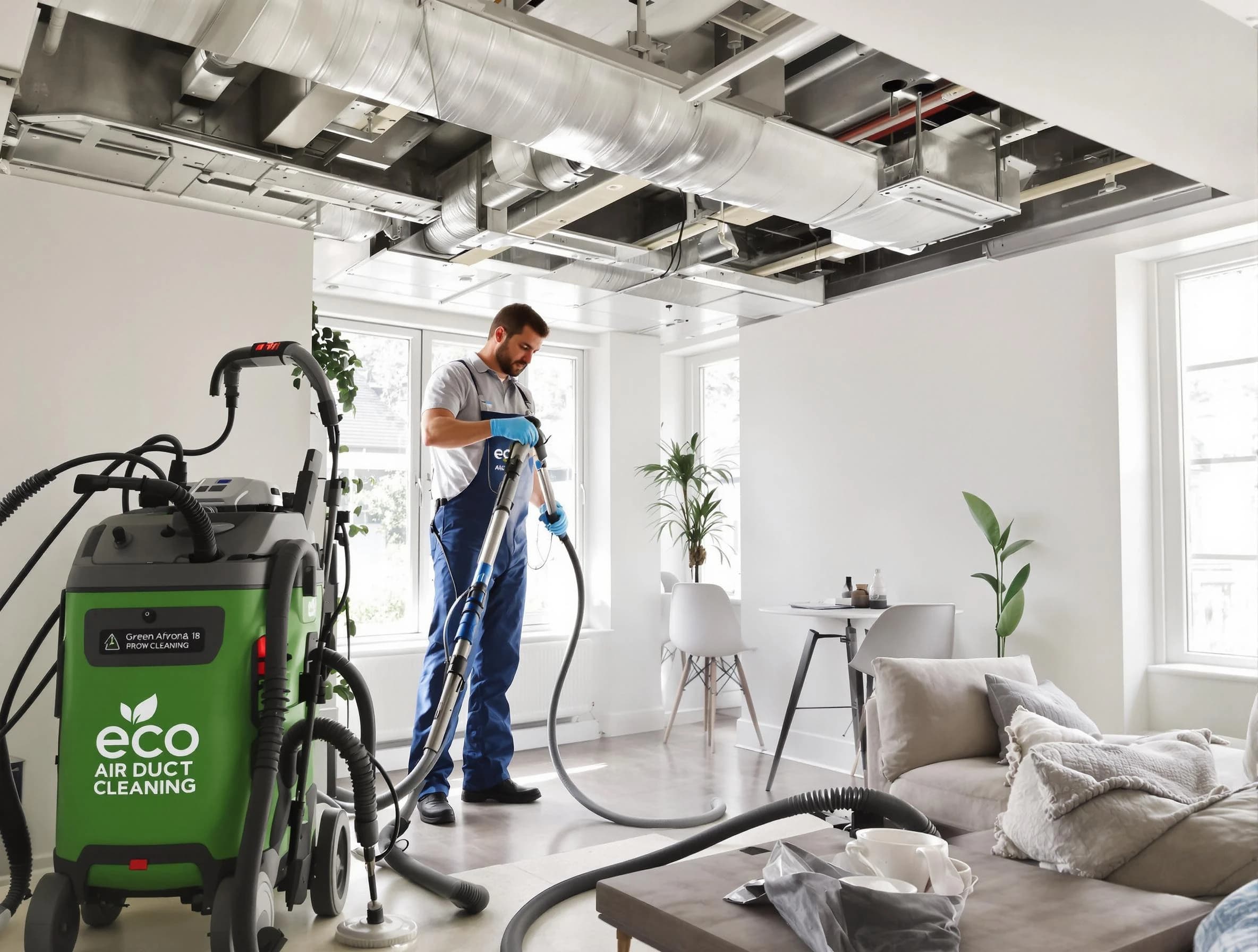Dunwoody Air Duct Cleaning technician performing eco-friendly duct cleaning using sustainable methods in Dunwoody